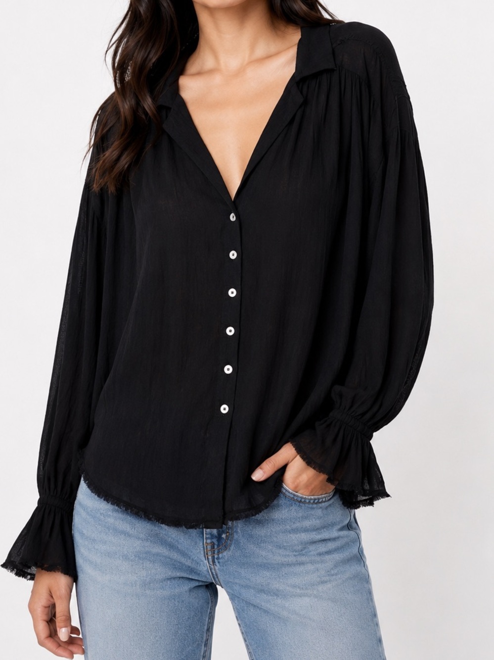 Free People Olivia Smocked Sheer Top Black-Size XS-Button Front Boho Blouse NWT